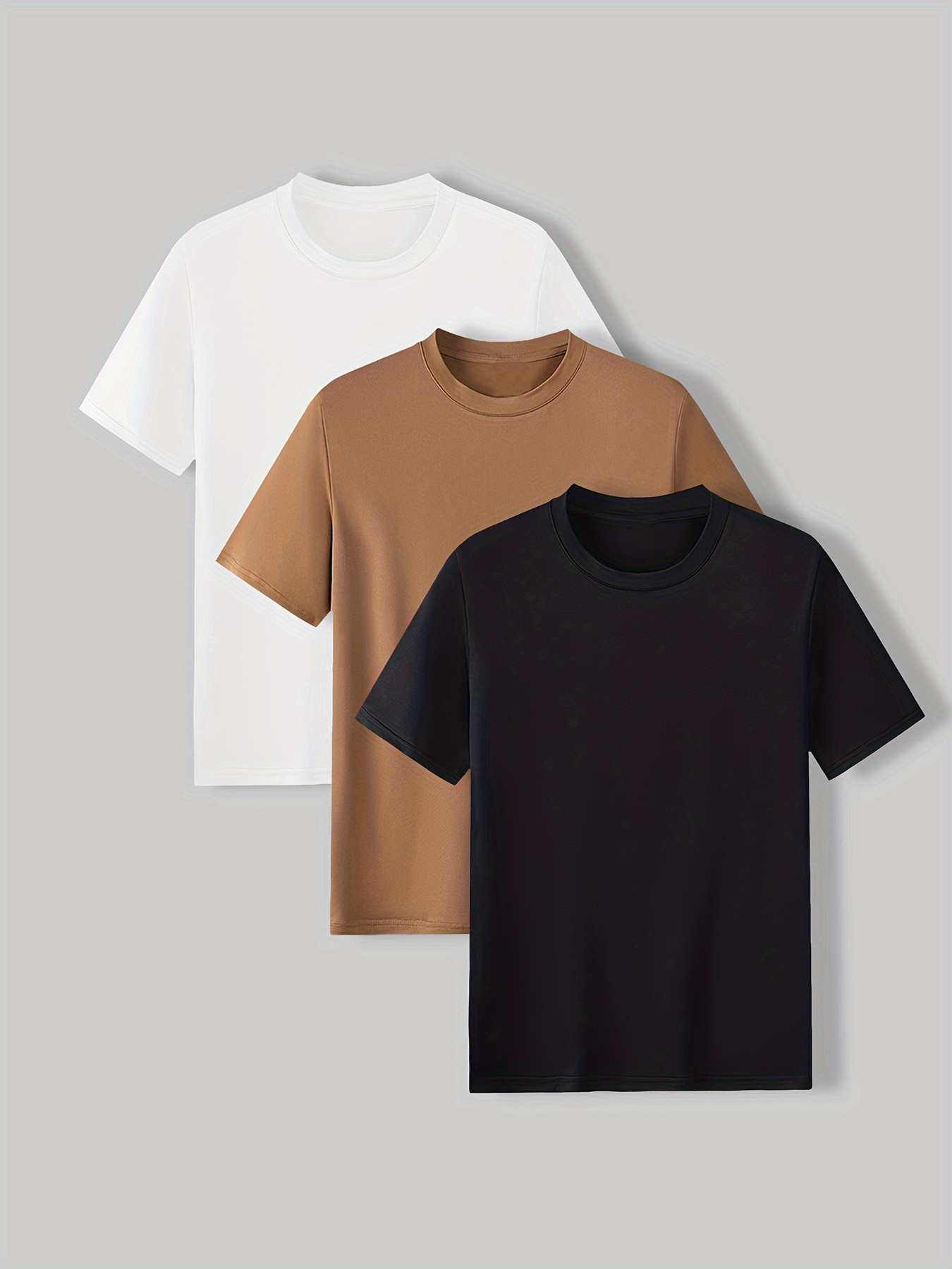 3pcs Solid Stretch Men's Short Sleeve Round Neck T-shirts Set, Casual Summer Clothing