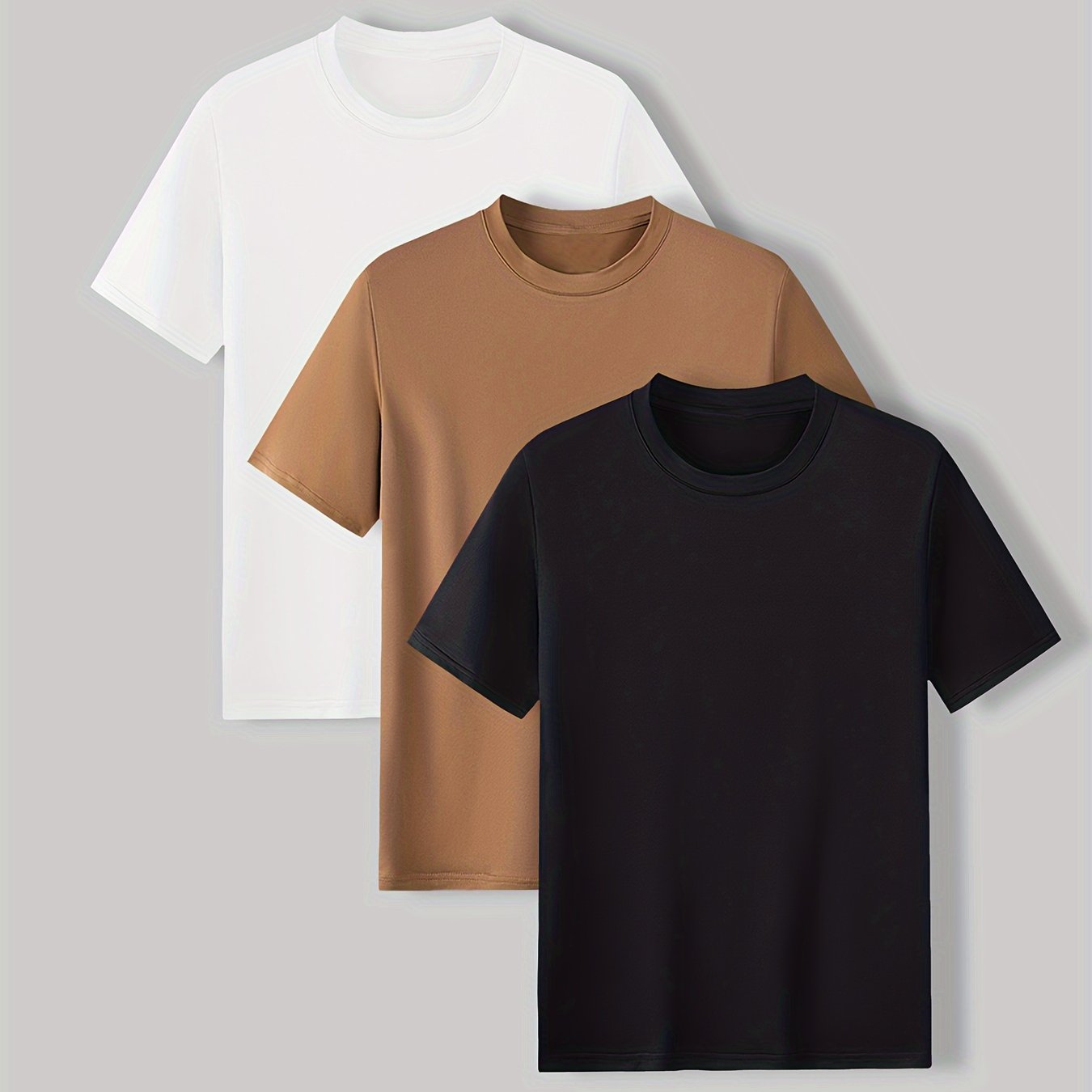 3pcs Solid Stretch Men's Short Sleeve Round Neck T-shirts Set, Casual Summer Clothing - 图片 18
