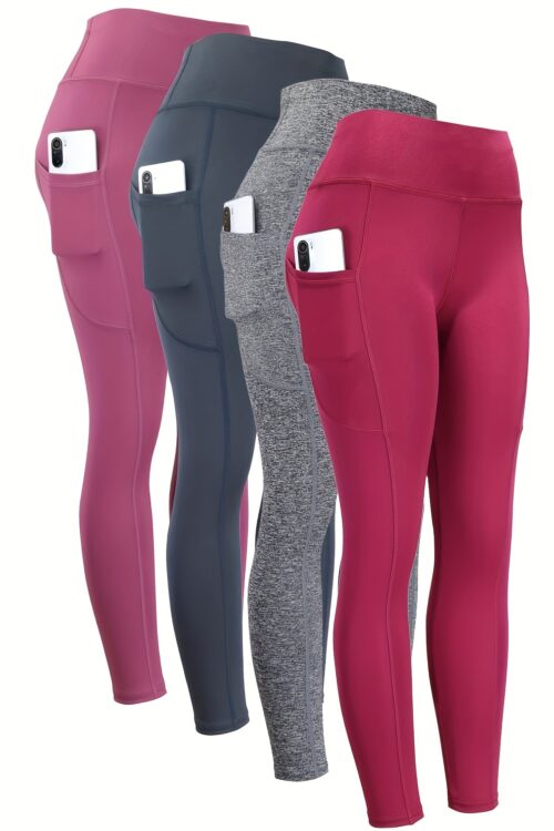 4pcs High-Waisted Yoga Leggings for Women - Tight-Fitting, Solid Color, Pocketed - Comfortable Activewear for Fitness, Running, and Gym