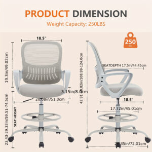 Tall Adjustable Grey SMUG Drafting Chair - Ergonomic Counter Height Office Chair for Standing Desk - Comfortable, Breathable, and Durable