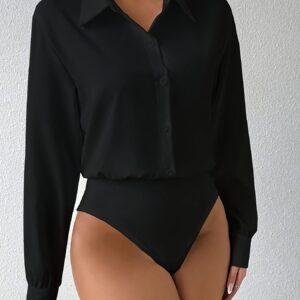 Long Sleeve Button Front Elegant Solid Color Collared Bodysuit, Women's Clothing