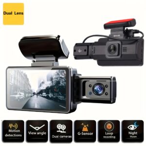 3-Inch Dual Lens Car Dash Cam - On-Dash Cameras with Front and Inside Recording, Night Vision, Wide Angle, Loop Recording, Car DVR Camera, Vehicle Black Box, and G-Sensor for Safe Driving