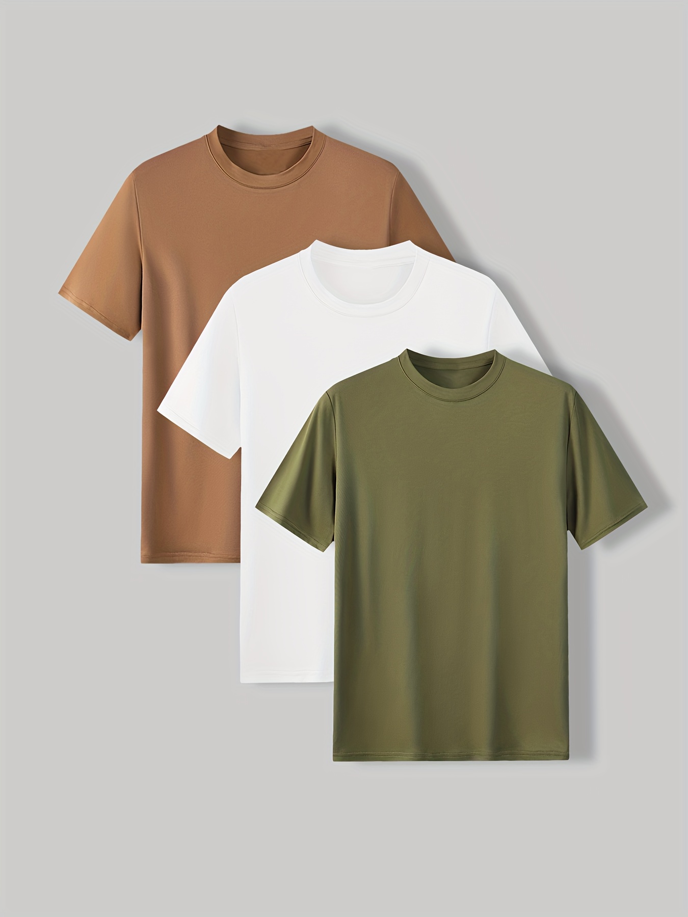 3pcs Solid Stretch Men's Short Sleeve Round Neck T-shirts Set, Casual Summer Clothing - 图片 6