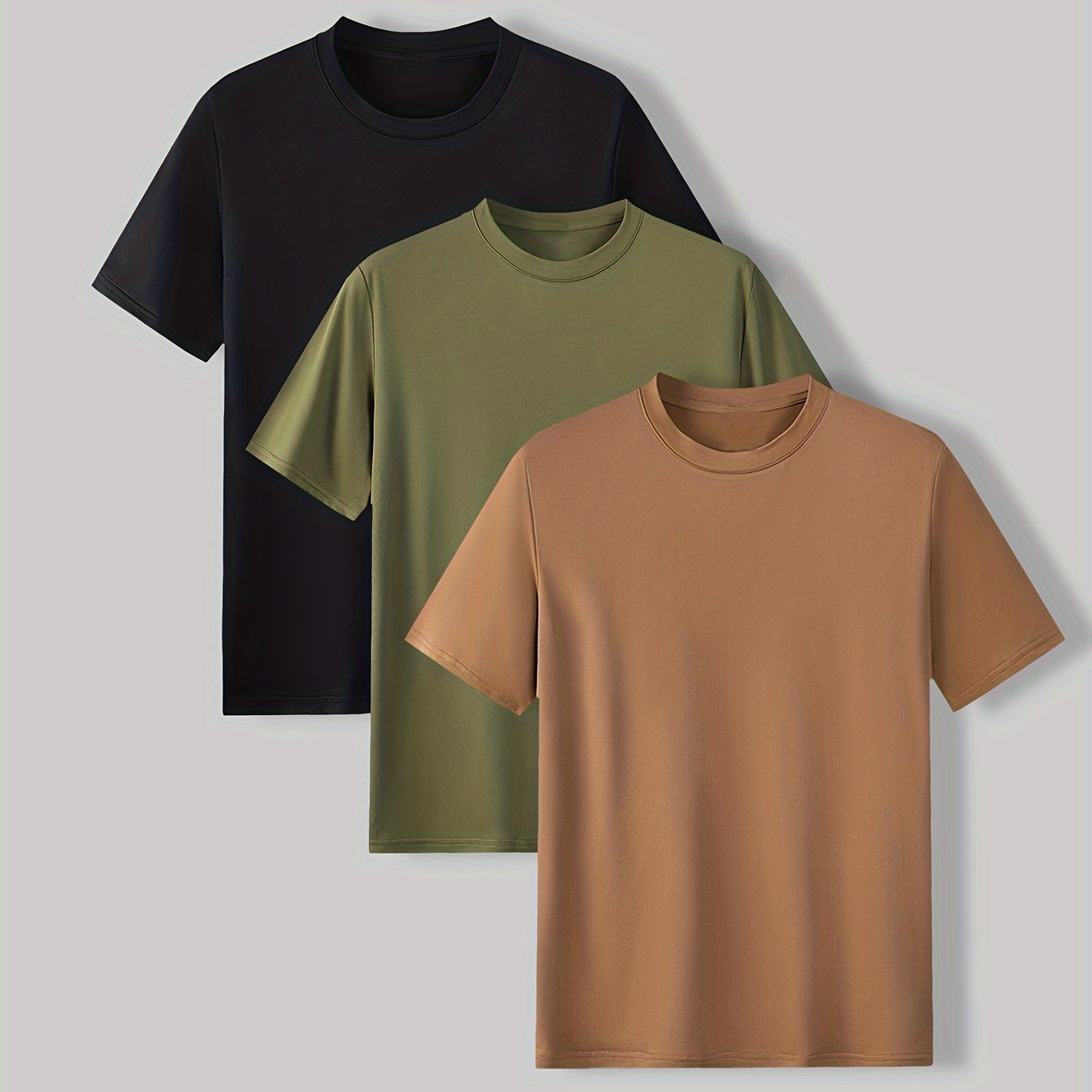 3pcs Solid Stretch Men's Short Sleeve Round Neck T-shirts Set, Casual Summer Clothing - 图片 20