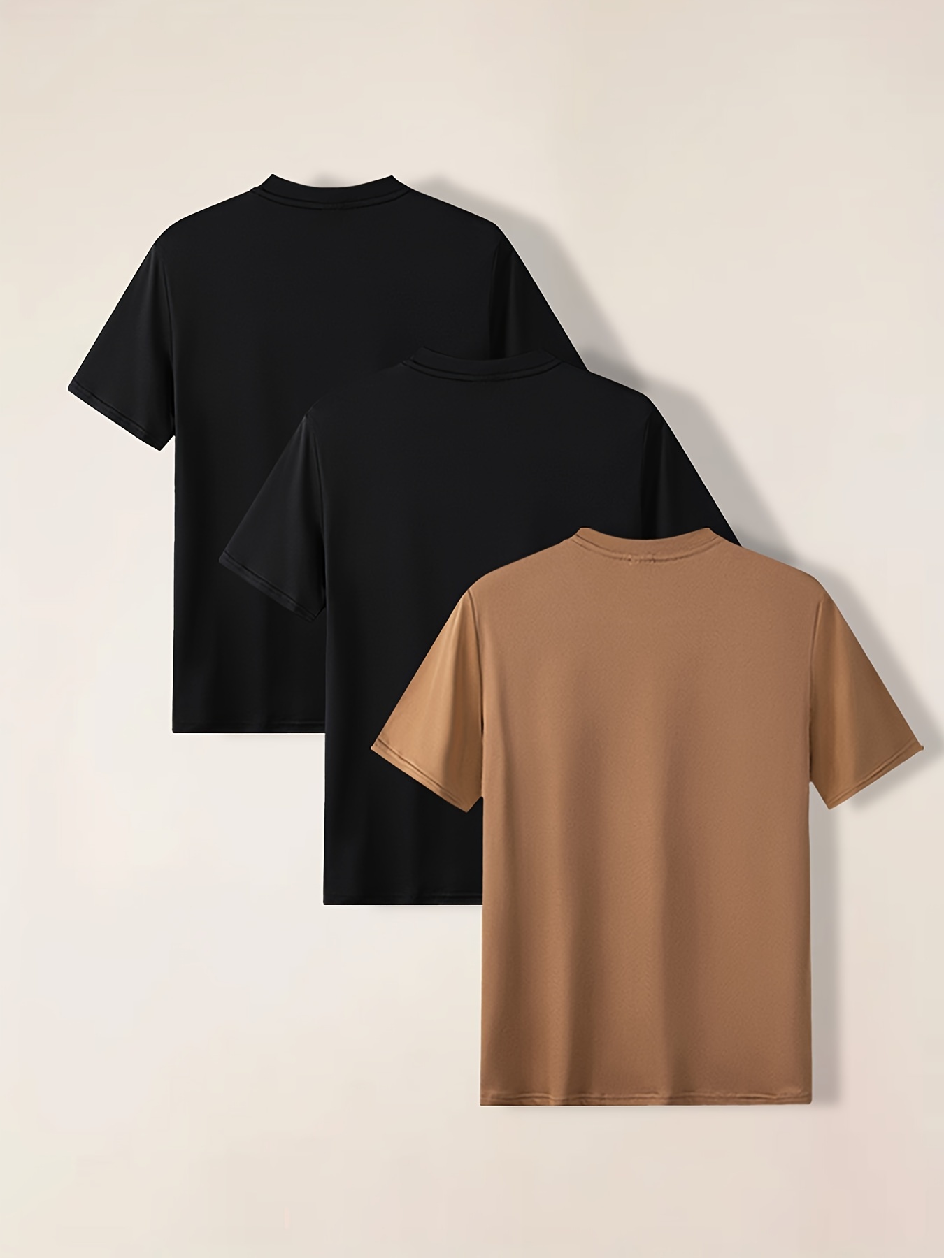3pcs Solid Stretch Men's Short Sleeve Round Neck T-shirts Set, Casual Summer Clothing - 图片 15