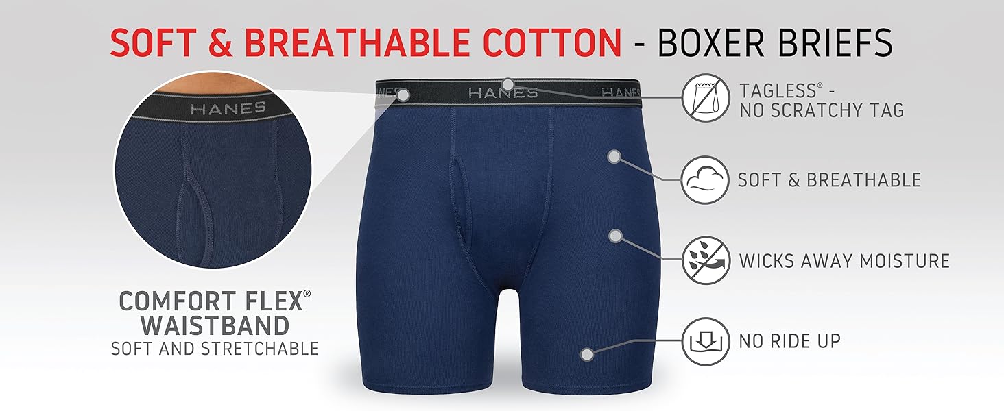 soft breathable Hanes boxer briefs tagless wicks moisture no ride up
