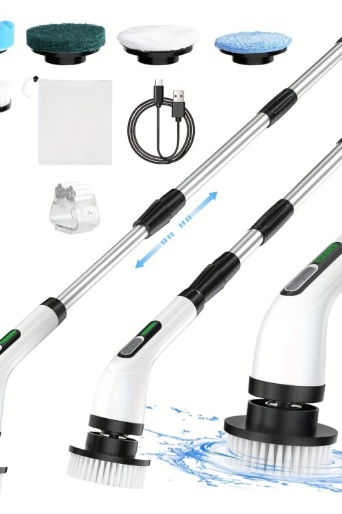 2025 Electric Rotary Scrubber, Rechargeable Cleaning Brush, Shower Scrubber with 8 Brush Heads, 2H Power Dual Speed, Adjustable Extended Handle, for Tub Tile Floors Car, White Easter Gift Mothers Day Gift Items