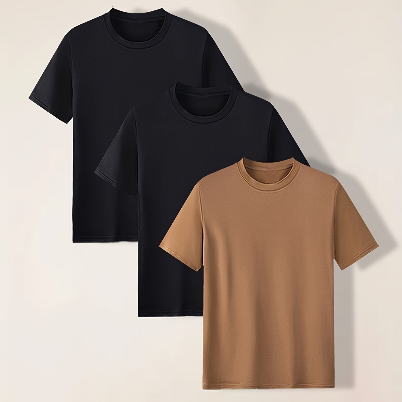 3pcs Solid Stretch Men's Short Sleeve Round Neck T-shirts Set, Casual Summer Clothing - 图片 21