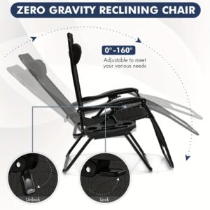 2PC Black Zero Gravity Chairs with Cup Holder, Patio Folding Recliner Lounge Outdoor