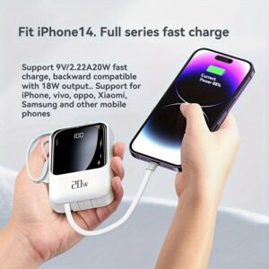 10000mAh Mini Power Bank 22.5w Fast Charger with LED Digital Display, Built-in Two-Way Flashlight and Output Cable for iPhone, Samsung, Android
