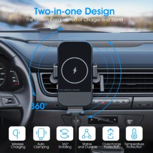 15W Qi Fast Charging Wireless Car Charger, Auto Clamping Phone Mount with Instrument Panels Air Vent Holder for iPhone 14/13/12/11/X, Samsung Galaxy S22+/S21/S10/Note 20