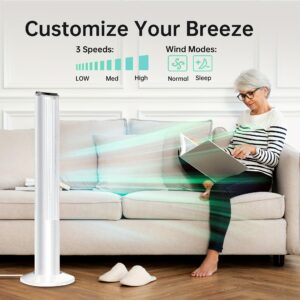 21ft/s 70° Oscillating Tower Fan for Bedroom, 3 Speeds, 2 Modes, 15H Timer, Remoter, Swivel Function, White