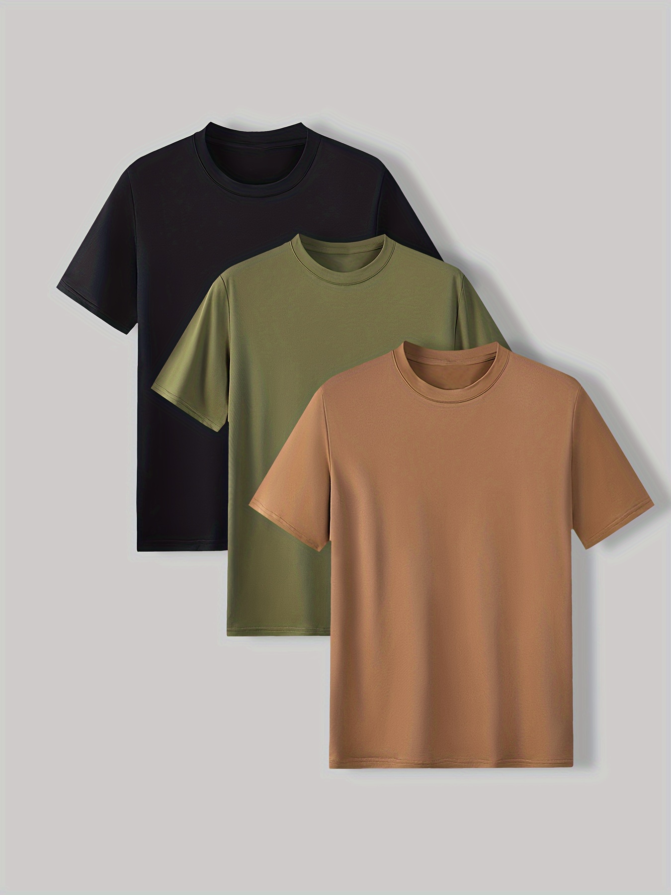 3pcs Solid Stretch Men's Short Sleeve Round Neck T-shirts Set, Casual Summer Clothing - 图片 11