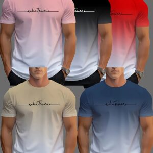 5pcs Stylish Alphabet Print Gradient Crew Neck Short Sleeve T-shirt - Men's Casual Summer T-Shirt for Daily Wear and Vacation Resorts - Comfortable, Breathable, and Versatile