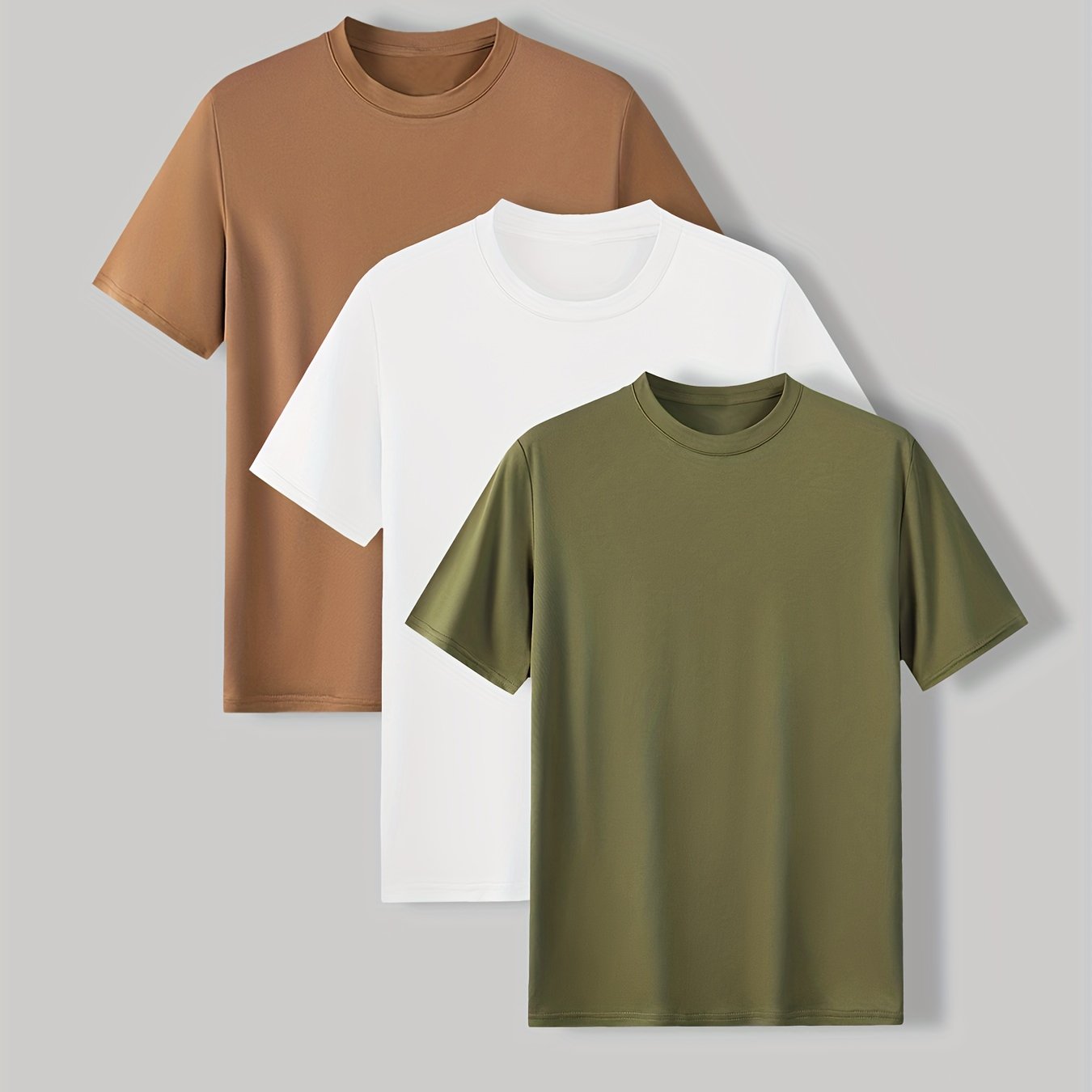 3pcs Solid Stretch Men's Short Sleeve Round Neck T-shirts Set, Casual Summer Clothing - 图片 19